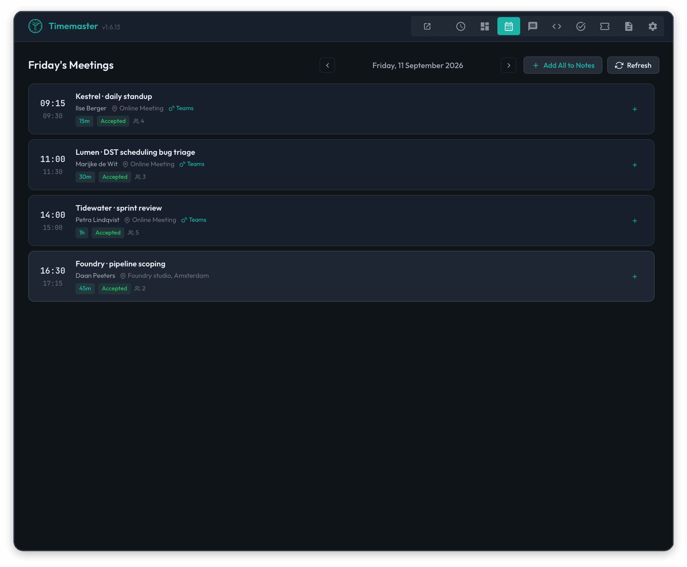 Timemaster desktop app showing four Friday meetings with times, organizers, locations, durations, and attendance.